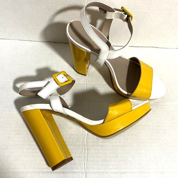 Galieti Patent Leather White Yellow Retro Pin Up Open Toe 5" Heels Sz 38 7.5 - Picture 2 of 9